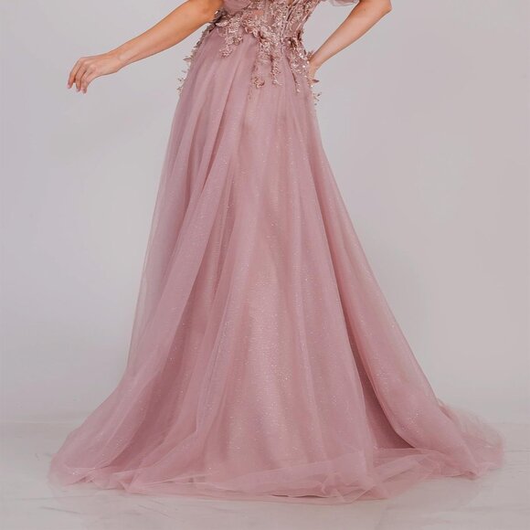 NEW A-LINE FLORAL EMBELLISHED GOWN W/ SWEETHEART NECK & PUFF SLEEVELESS AC 3041 - Picture 8 of 10